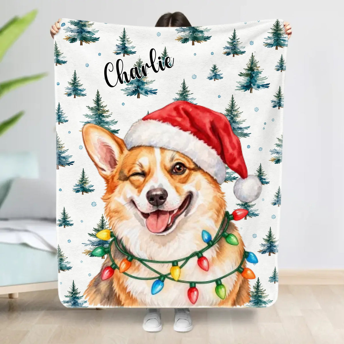 Personalized Blanket - Hand Drawn Christmas Santa Dog