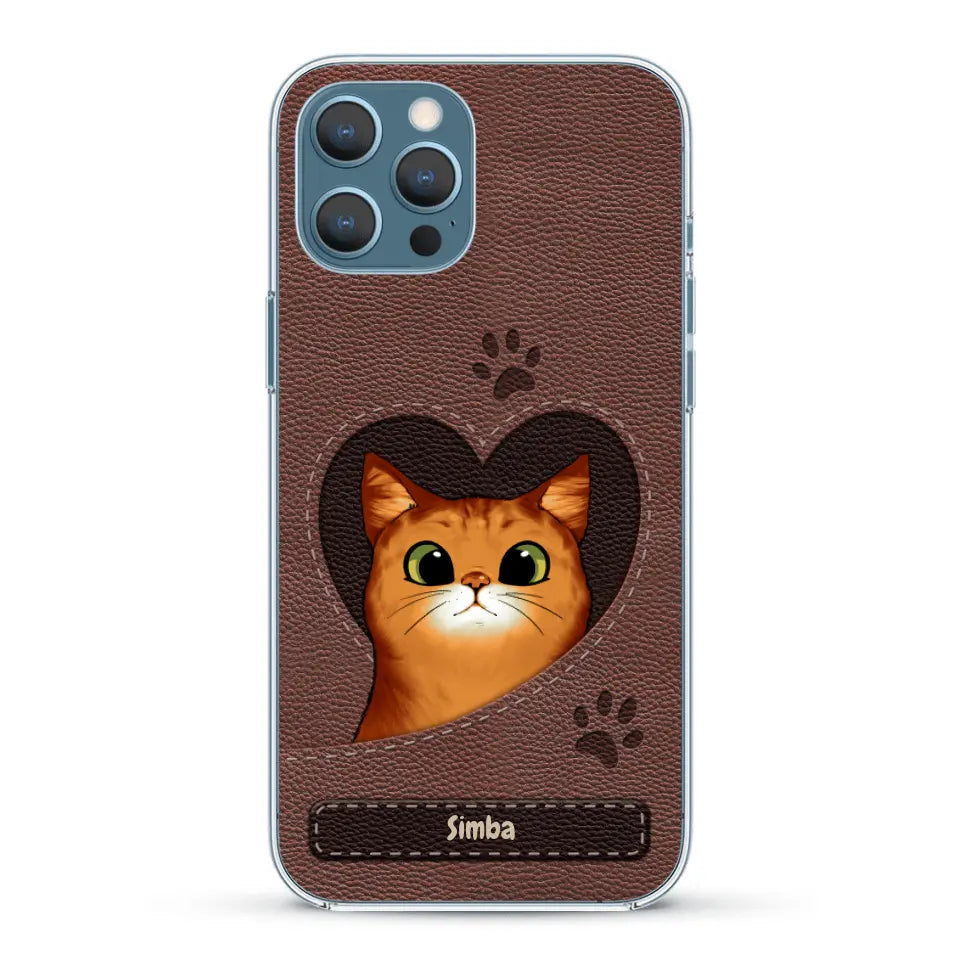 Cat heart leather look - Personalized Phone Case