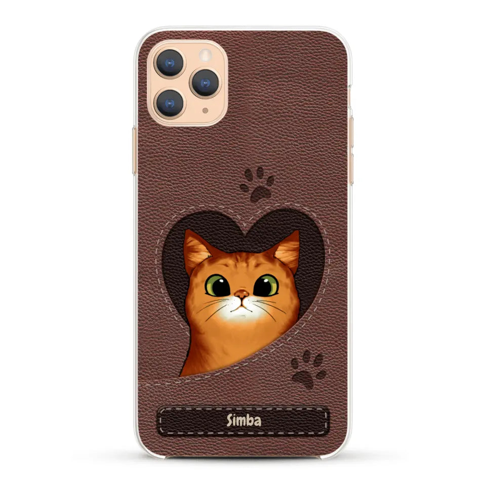 Cat heart leather look - Personalized phone case