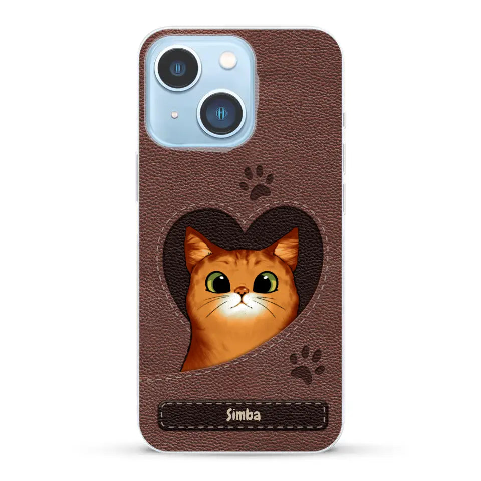 Cat heart leather look - Personalized Phone Case