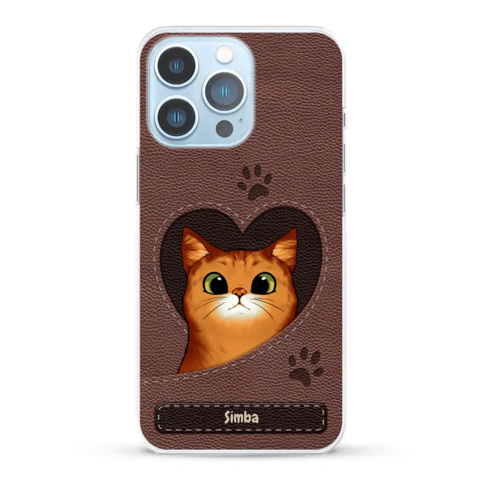 Cat heart leather look - Personalized Phone Case