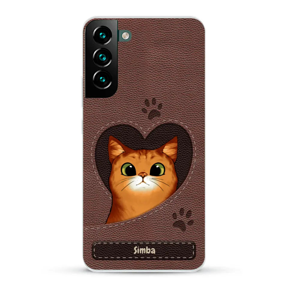 Cat heart leather look - Personalized phone case