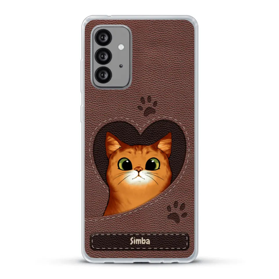 Cat heart leather look - Personalized phone case
