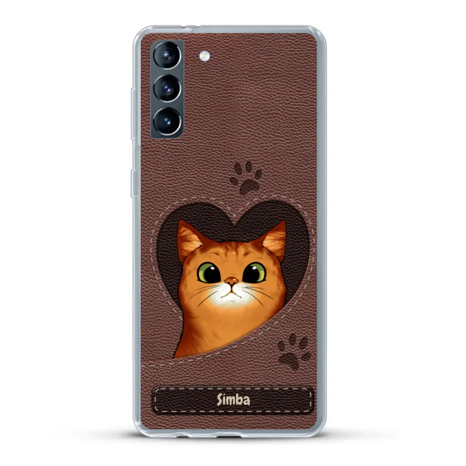 Cat heart leather look - Personalized Phone Case