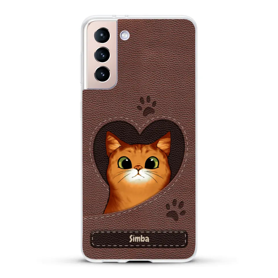 Cat heart leather look - Personalized Phone Case