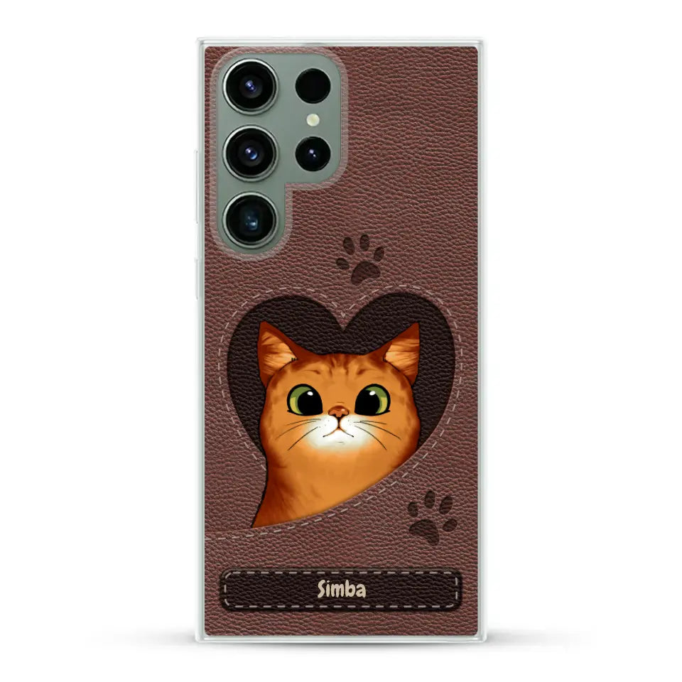 Cat heart leather look - Personalized Phone Case