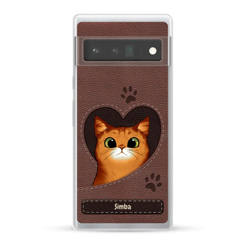 Cat heart leather look - Personalized Phone Case