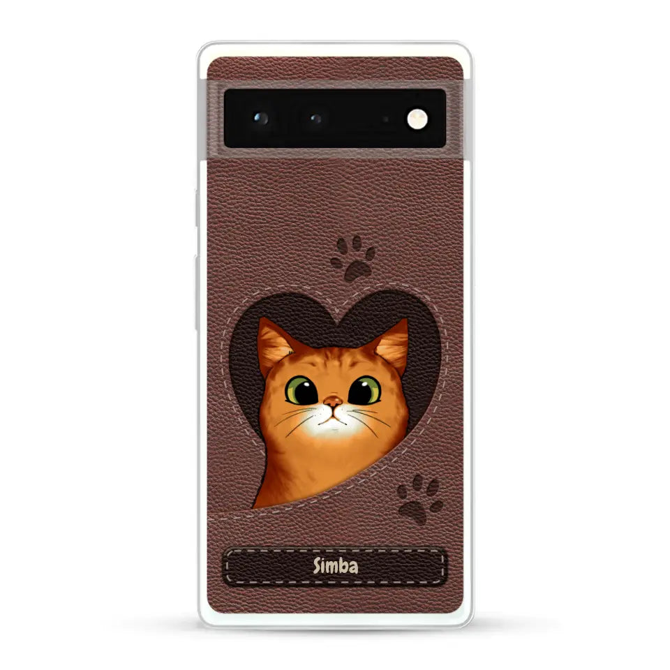 Cat heart leather look - Personalized Phone Case