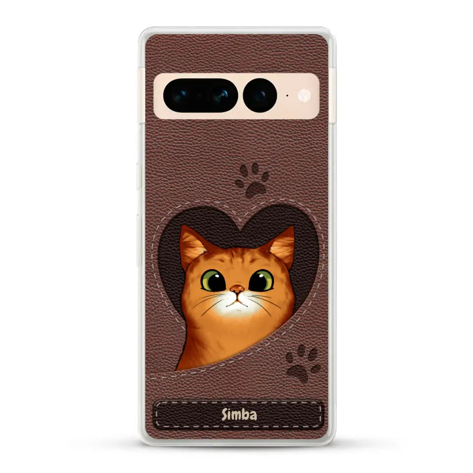 Cat heart leather look - Personalized Phone Case