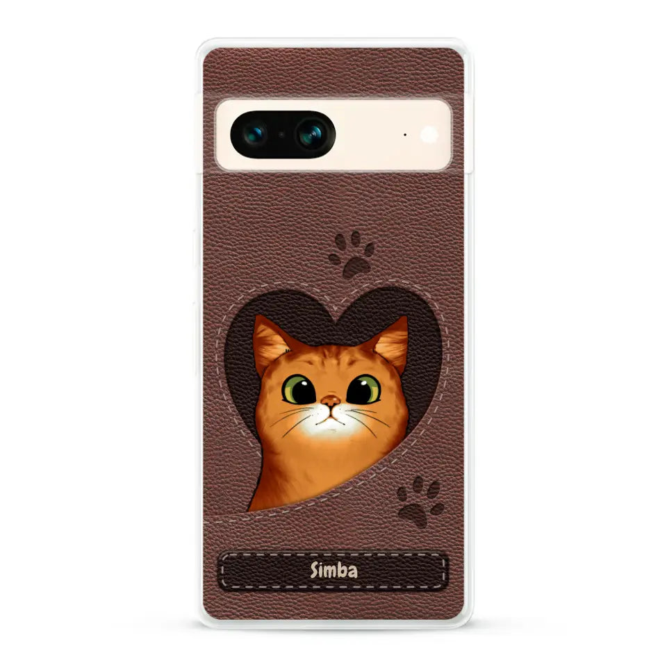 Cat heart leather look - Personalized Phone Case