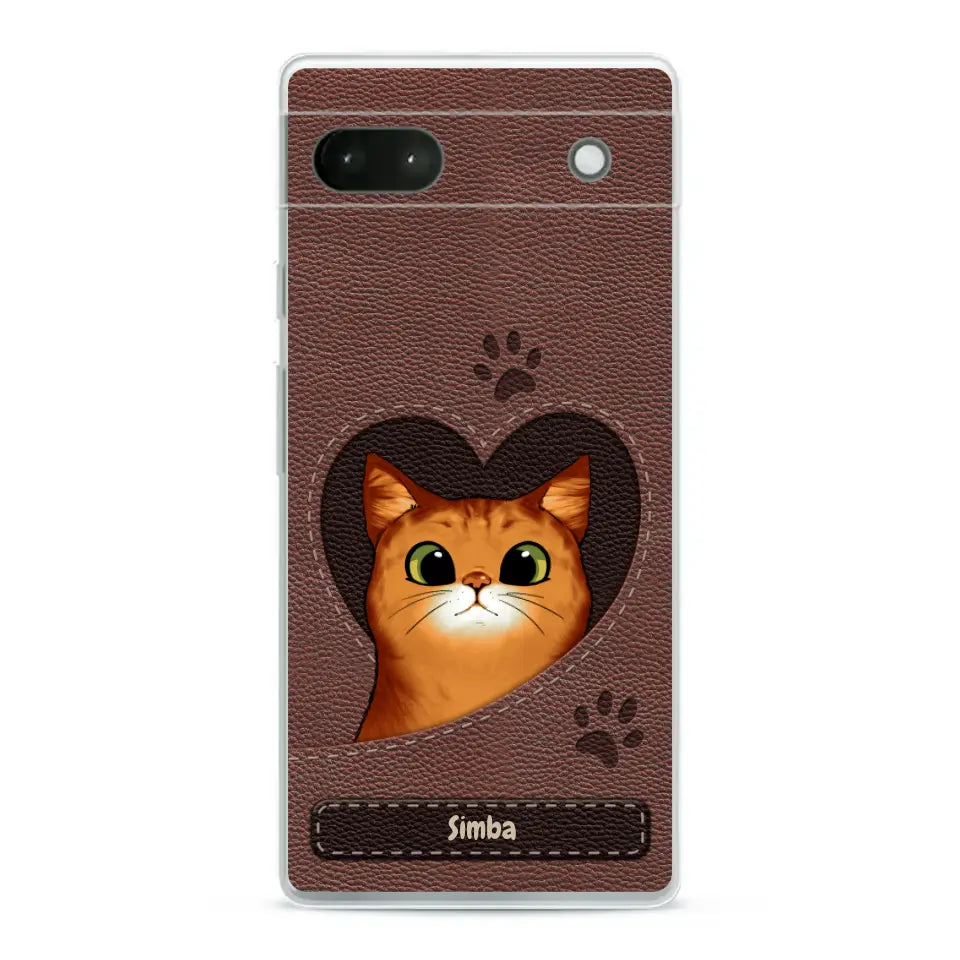 Cat heart leather look - Personalized Phone Case