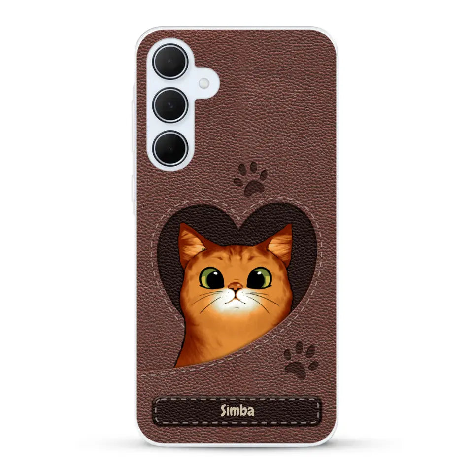 Cat heart leather look - Personalized Phone Case