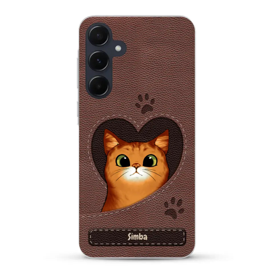 Cat heart leather look - Personalized Phone Case