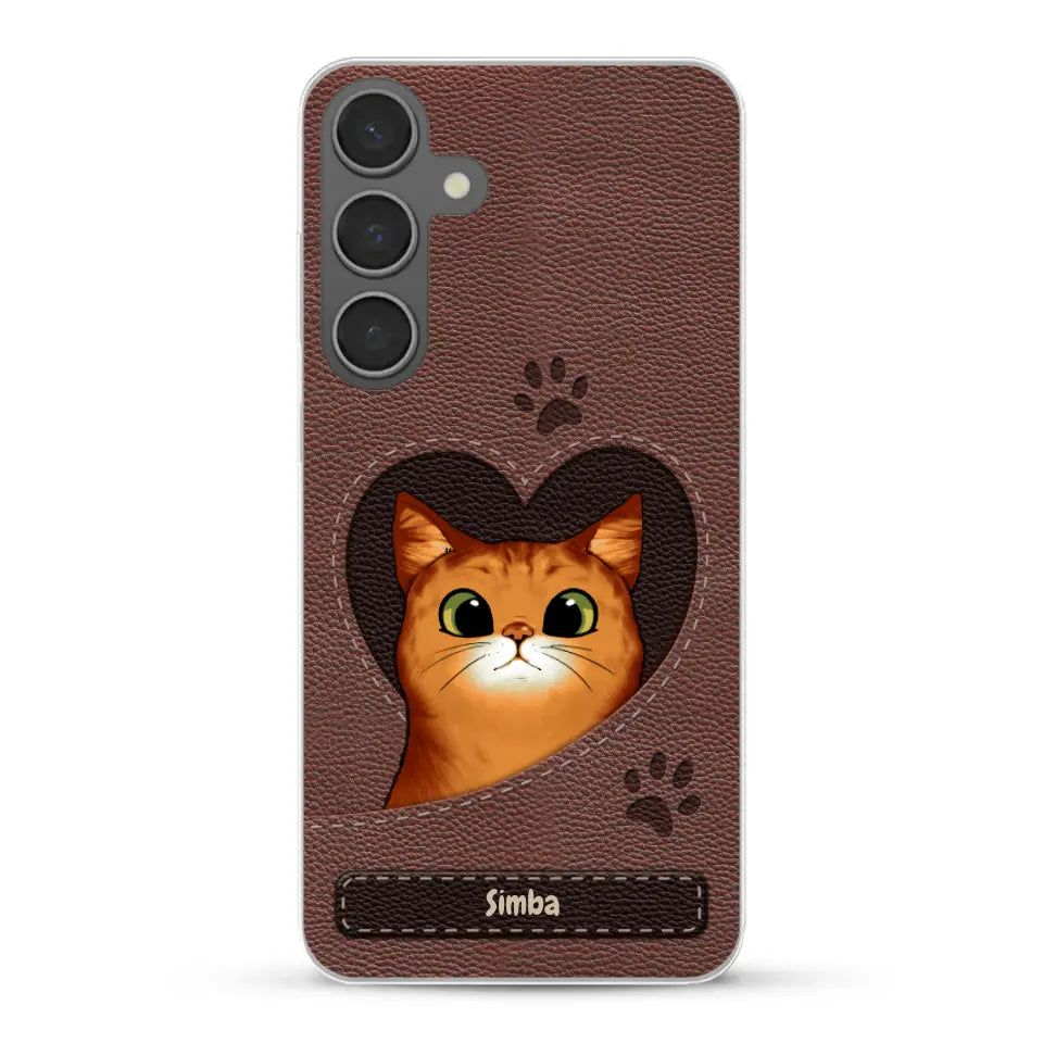 Cat heart leather look - Personalized Phone Case