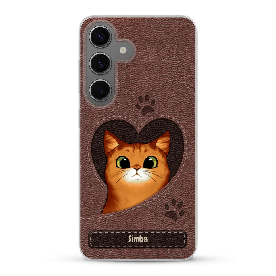 Cat heart leather look - Personalized Phone Case