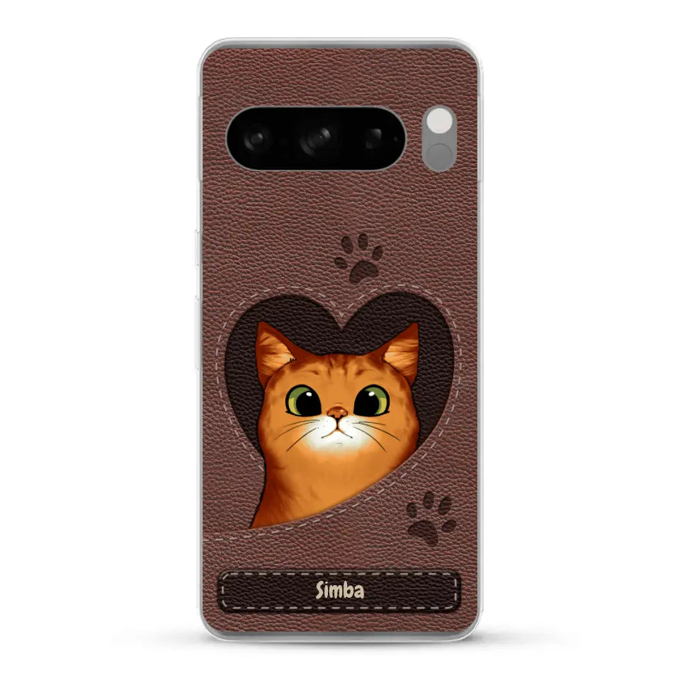 Cat heart leather look - Personalized Phone Case