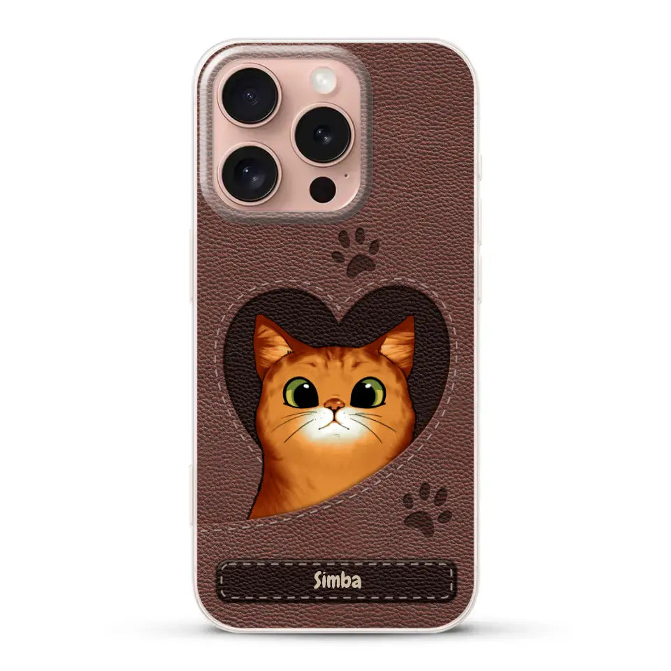 Cat heart leather look - Personalized Phone Case