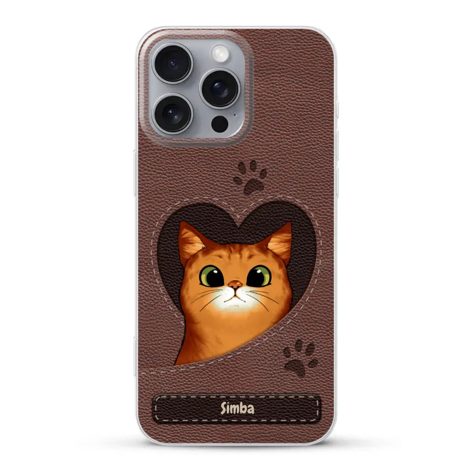 Cat heart leather look - Personalized Phone Case