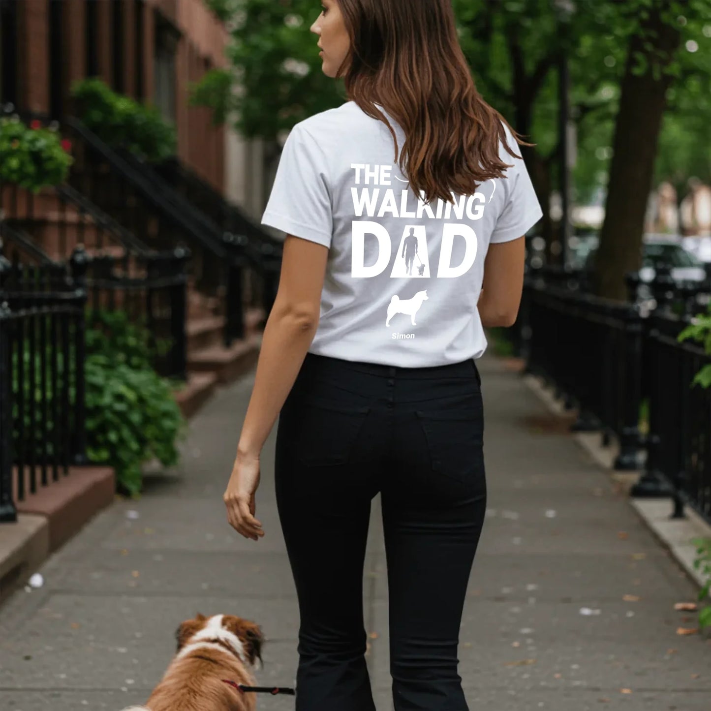 Woman walking dog on sidewalk - White-min