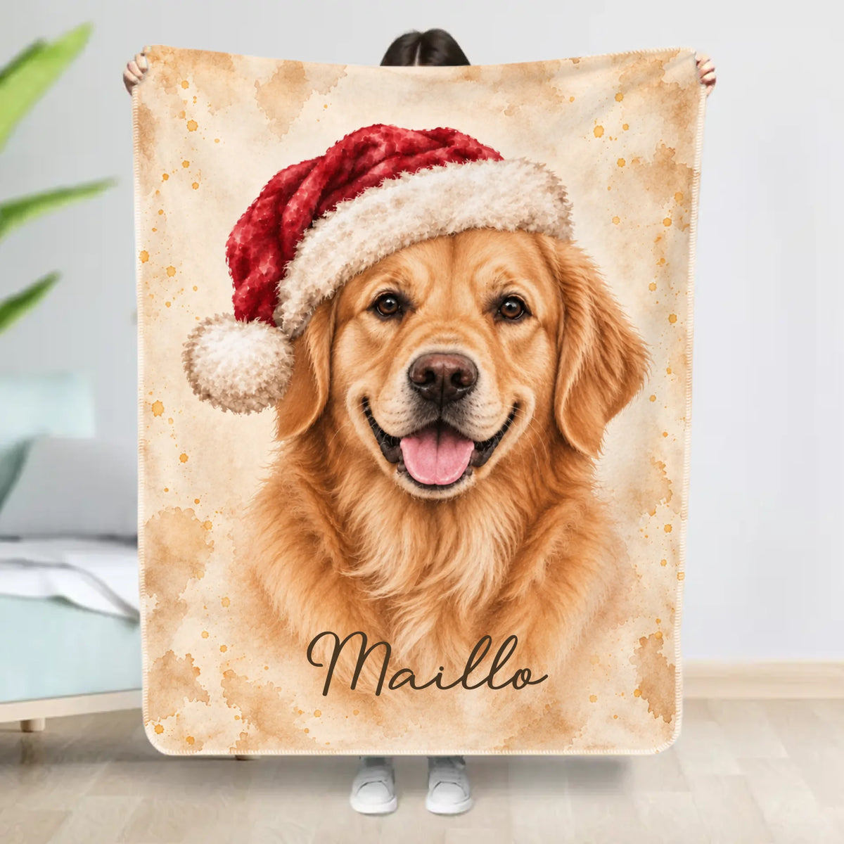 Personalized Blanket - Santa Hat Watercolor Portrait