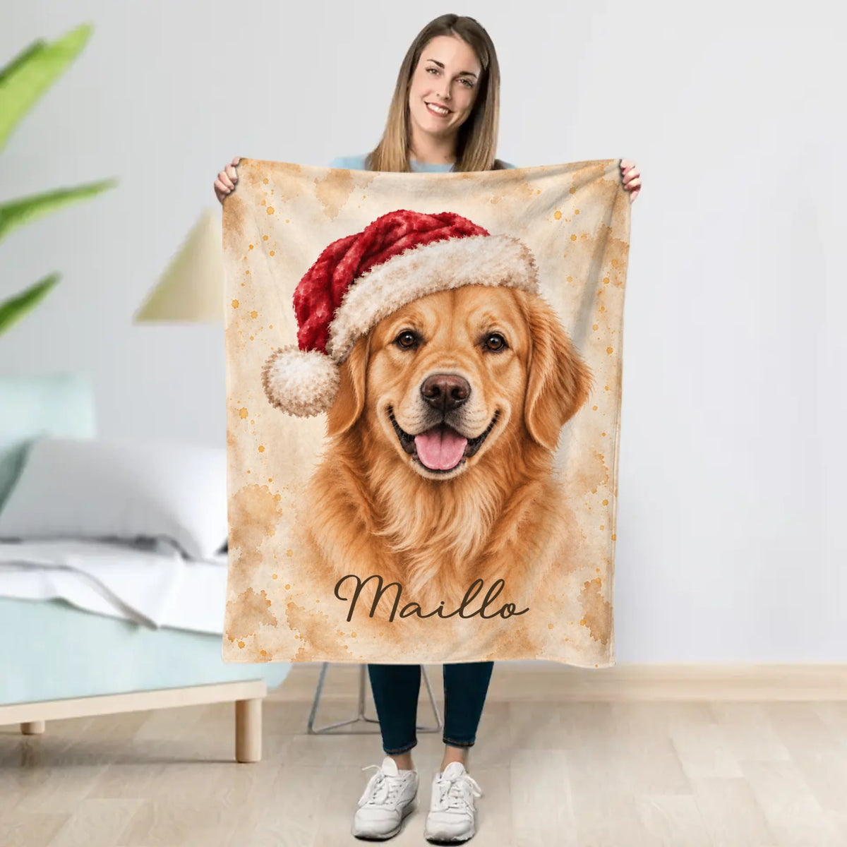Personalized Blanket - Santa Hat Watercolor Portrait