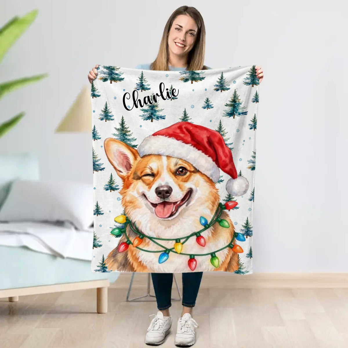 Personalized Blanket - Hand Drawn Christmas Santa Dog
