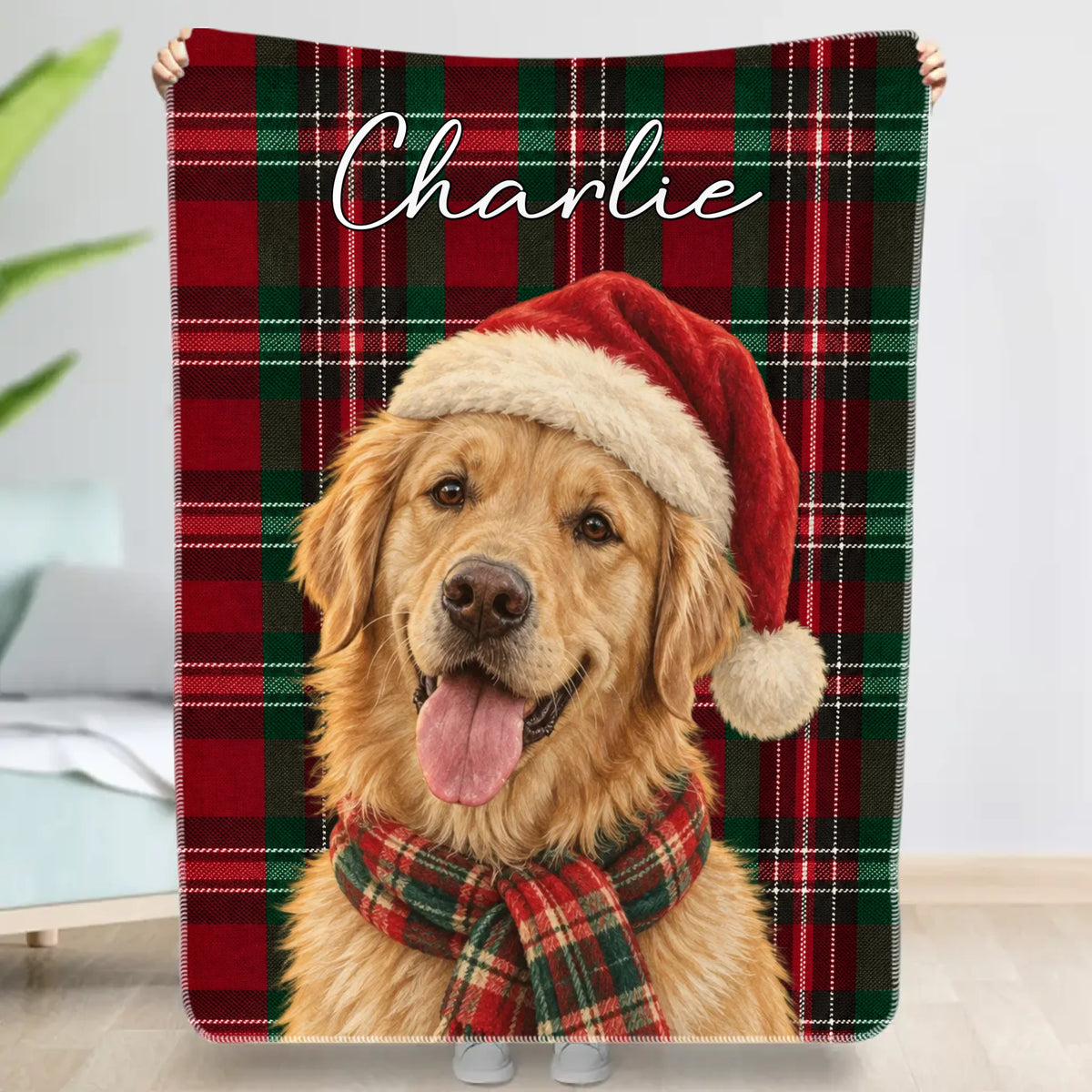 Personalized Blanket - Buffalo Plaid Christmas Dog Portrait