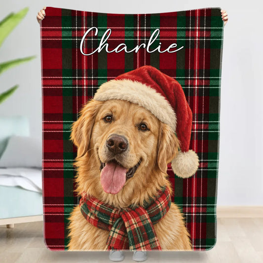 Personalized Blanket - Buffalo Plaid Christmas Dog Portrait