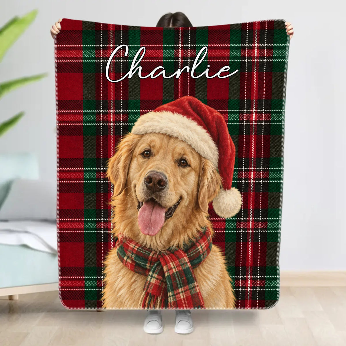Personalized Blanket - Buffalo Plaid Christmas Dog Portrait