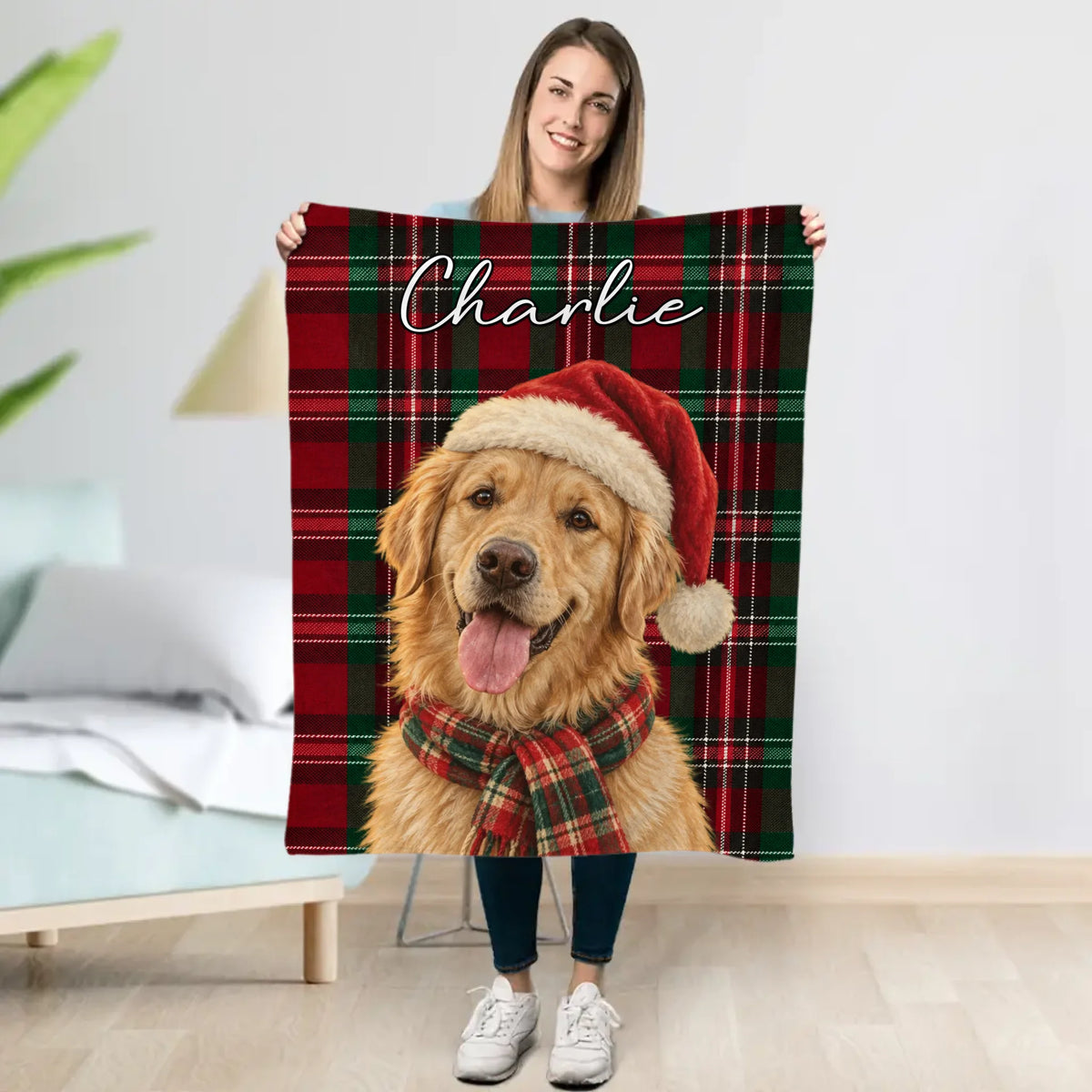 Personalized Blanket - Buffalo Plaid Christmas Dog Portrait