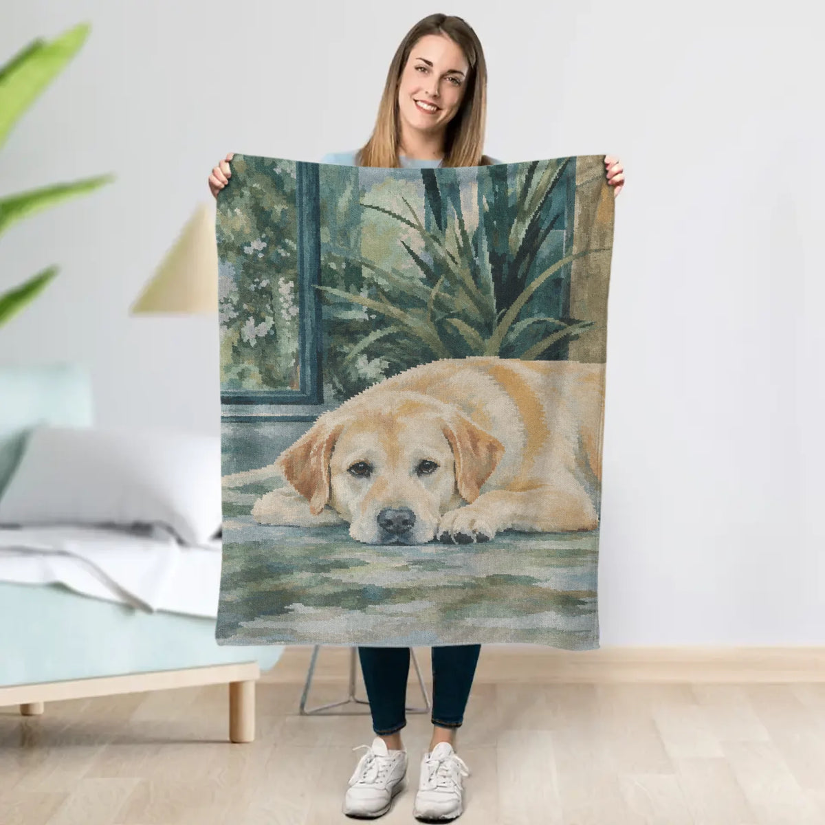 Personalized Blanket - Watercolor Woven Pet in Sunlit Conservatory