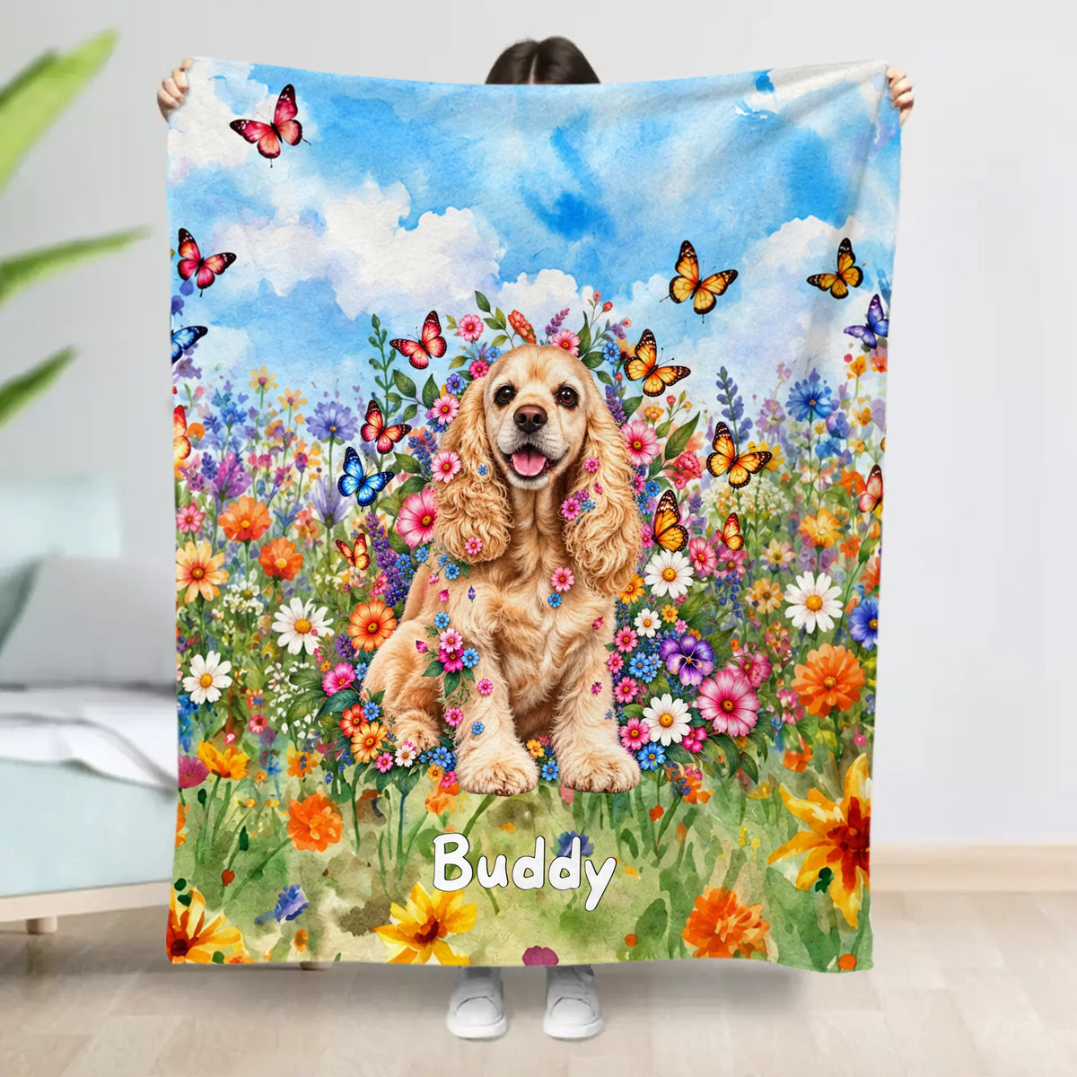 Personalized Blanket - Watercolour Floral Meadow Duo Pets
