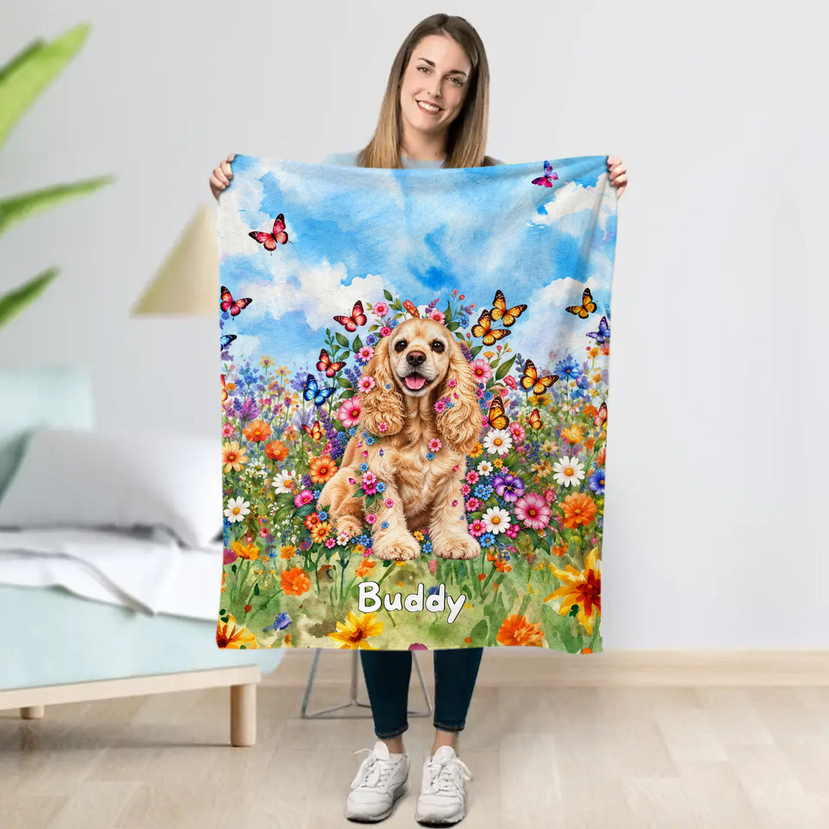 Personalized Blanket - Watercolour Floral Meadow Duo Pets