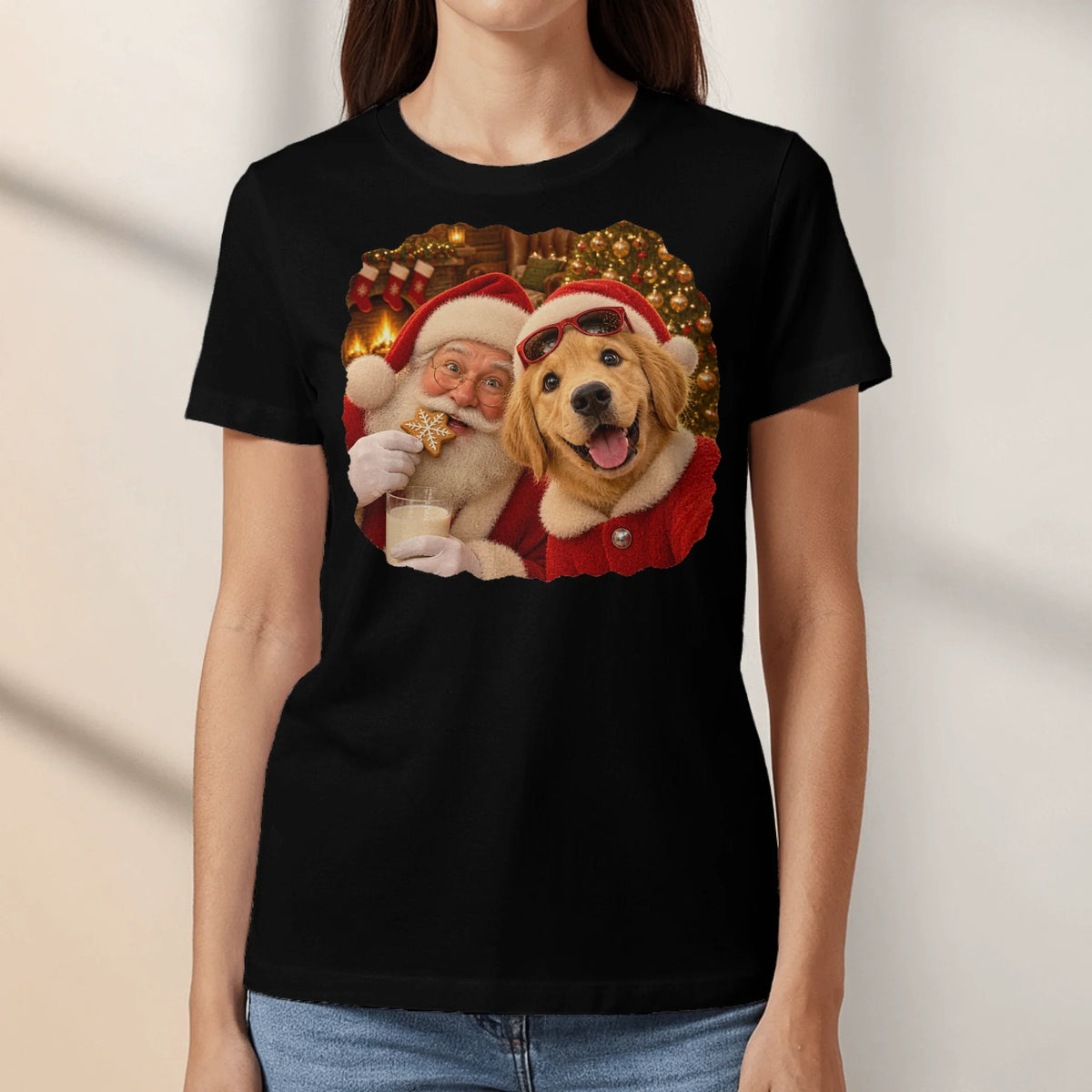 Personalized T-Shirt - Photo Christmas Fireplace Selfie With Santa
