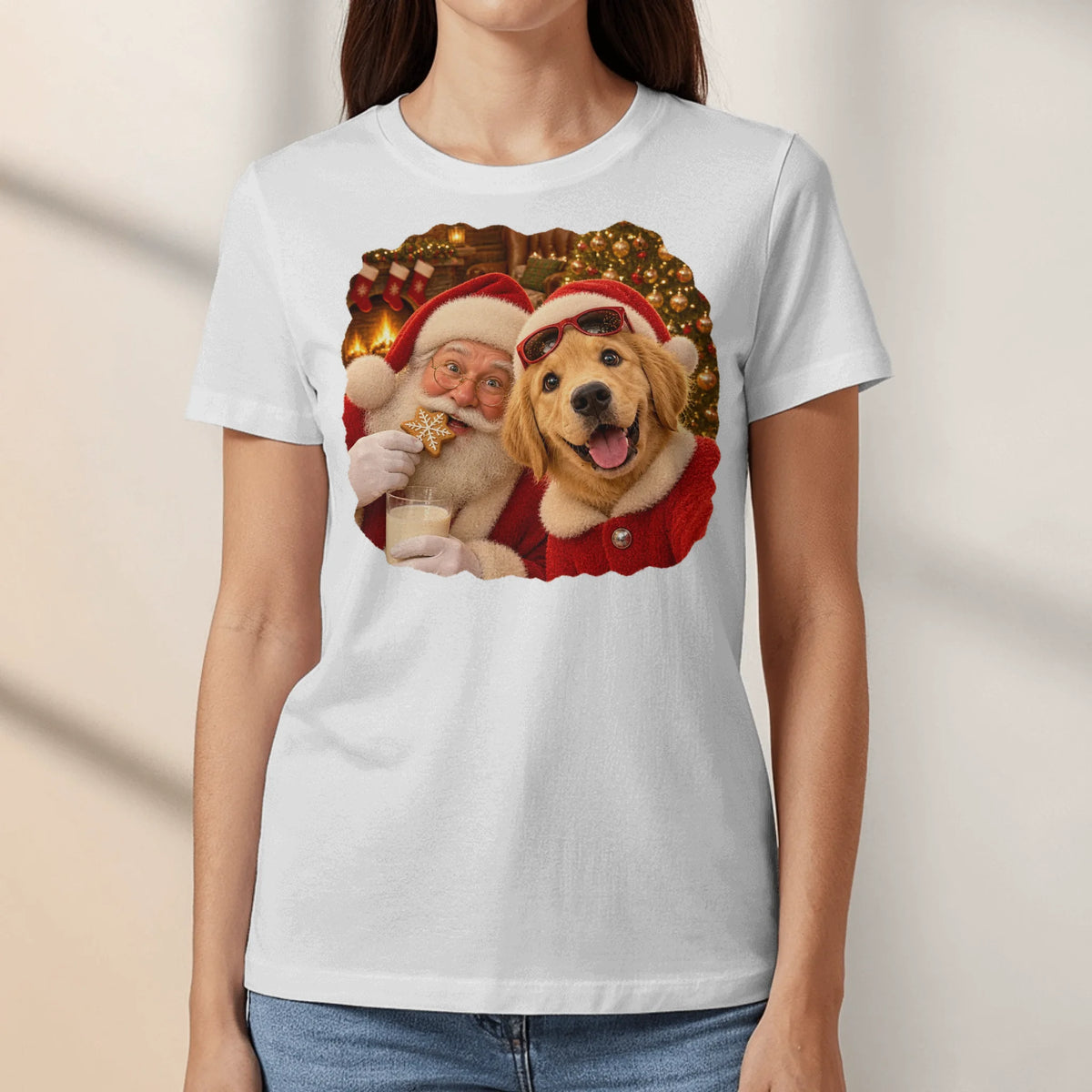 Personalized T-Shirt - Photo Christmas Fireplace Selfie With Santa