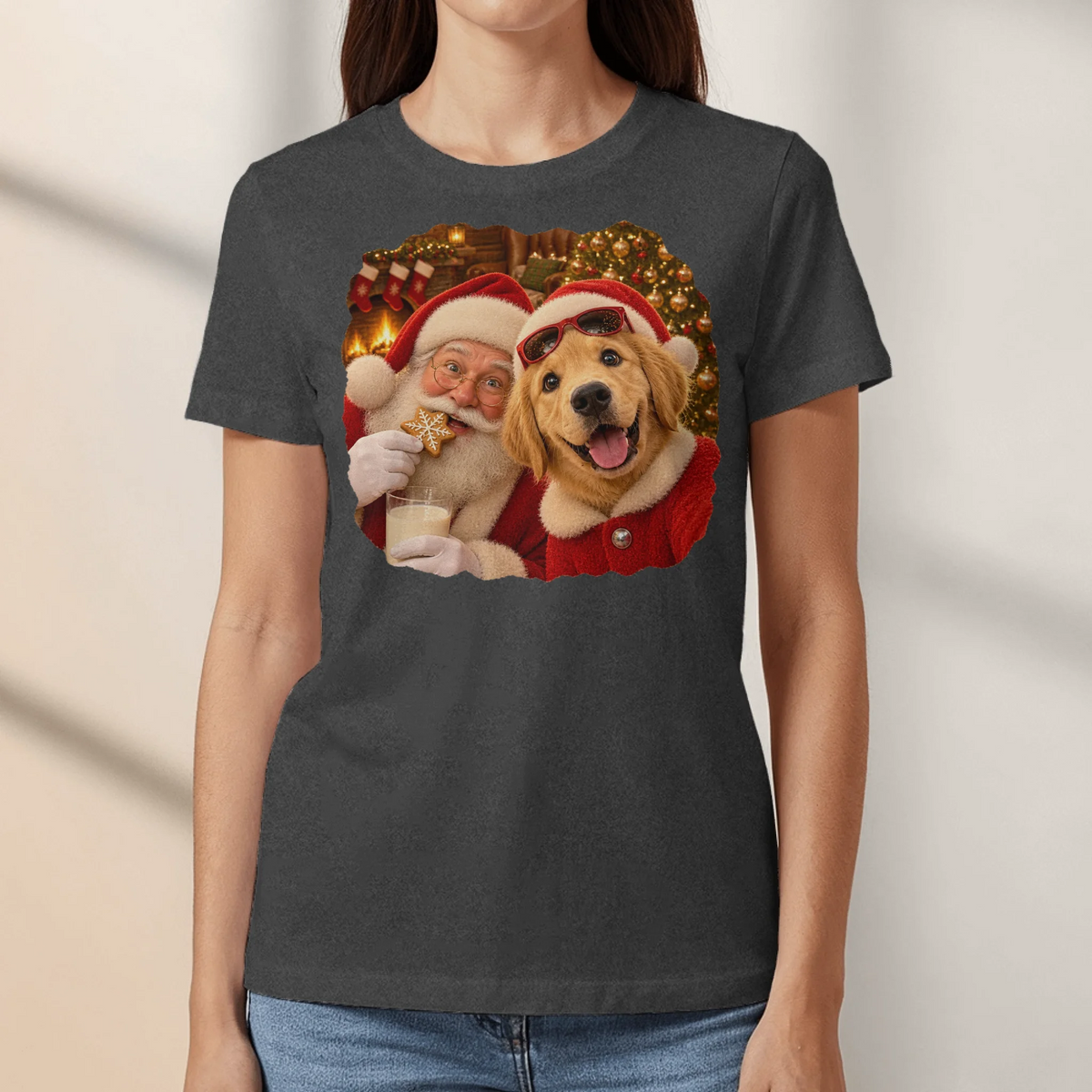 Personalized T-Shirt - Photo Christmas Fireplace Selfie With Santa