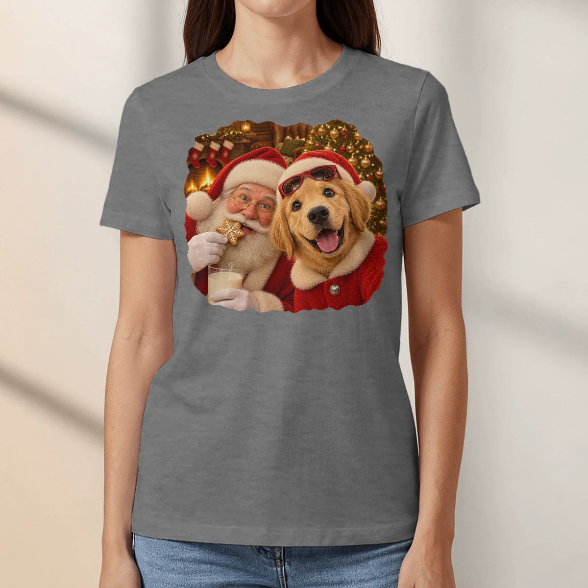 Personalized T-Shirt - Photo Christmas Fireplace Selfie With Santa