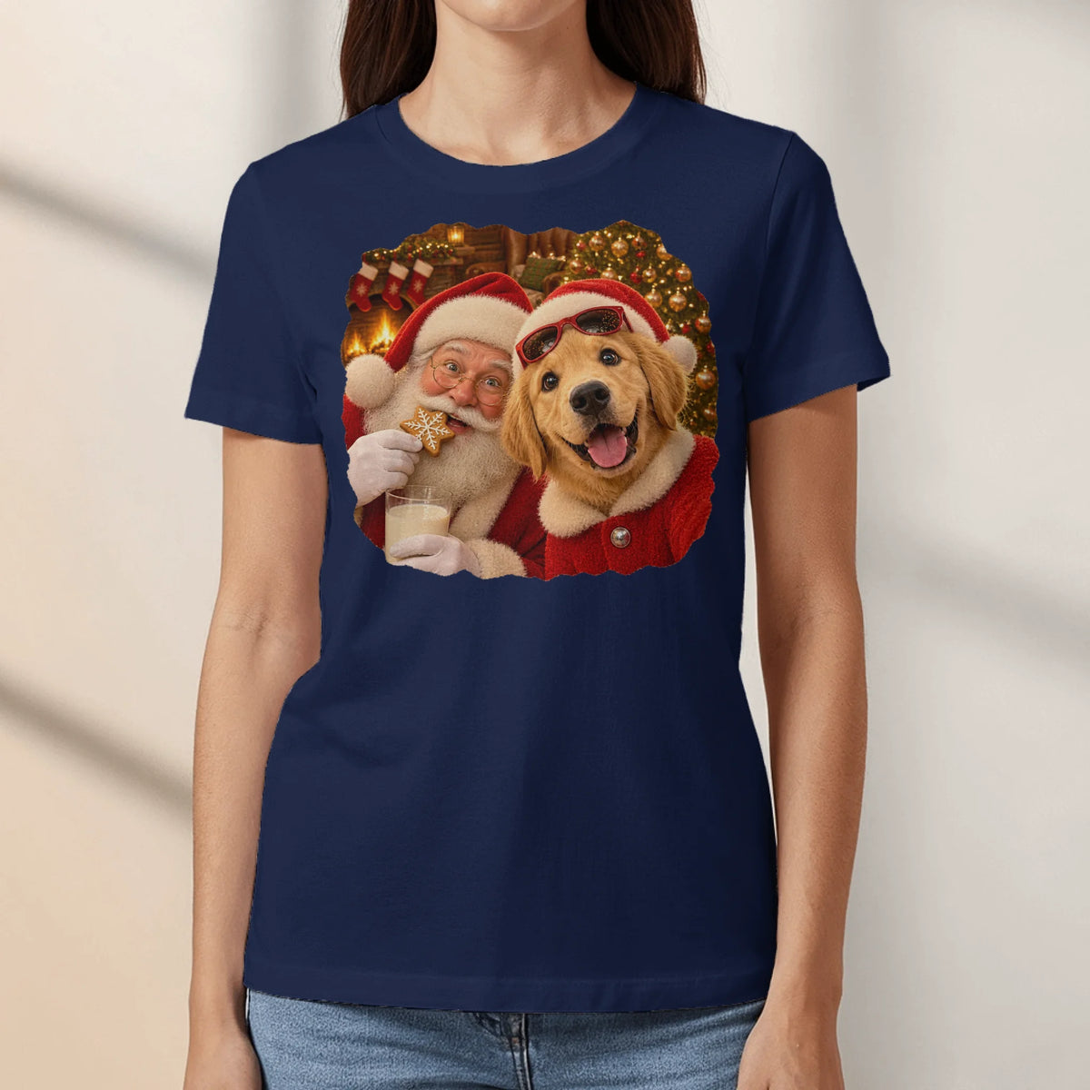 Personalized T-Shirt - Photo Christmas Fireplace Selfie With Santa