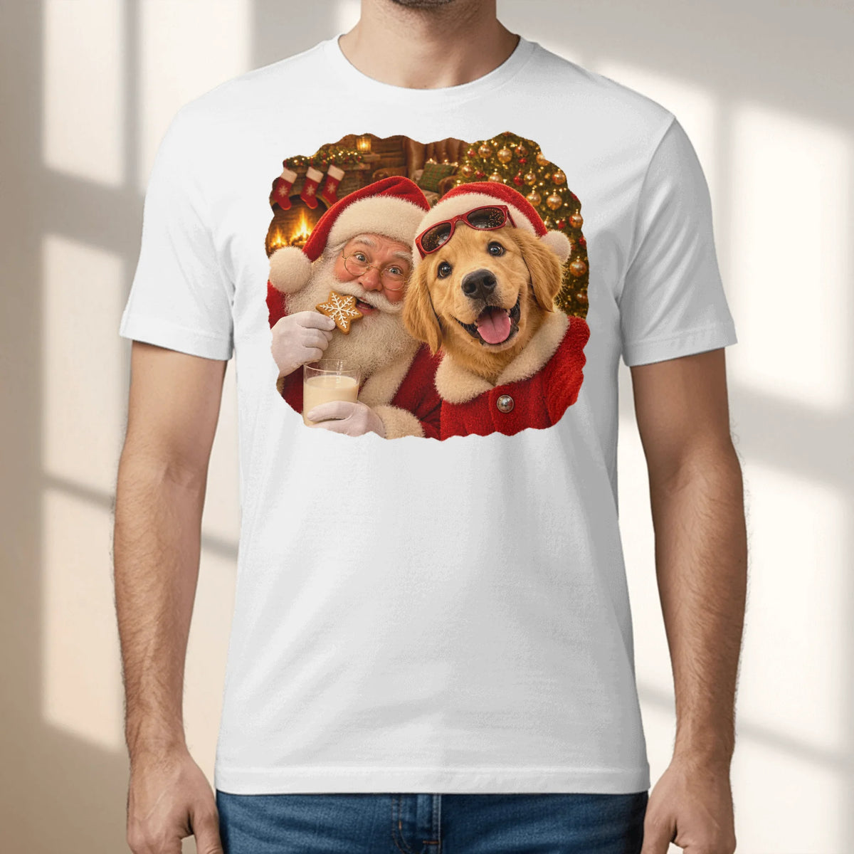 Personalized T-Shirt - Photo Christmas Fireplace Selfie With Santa