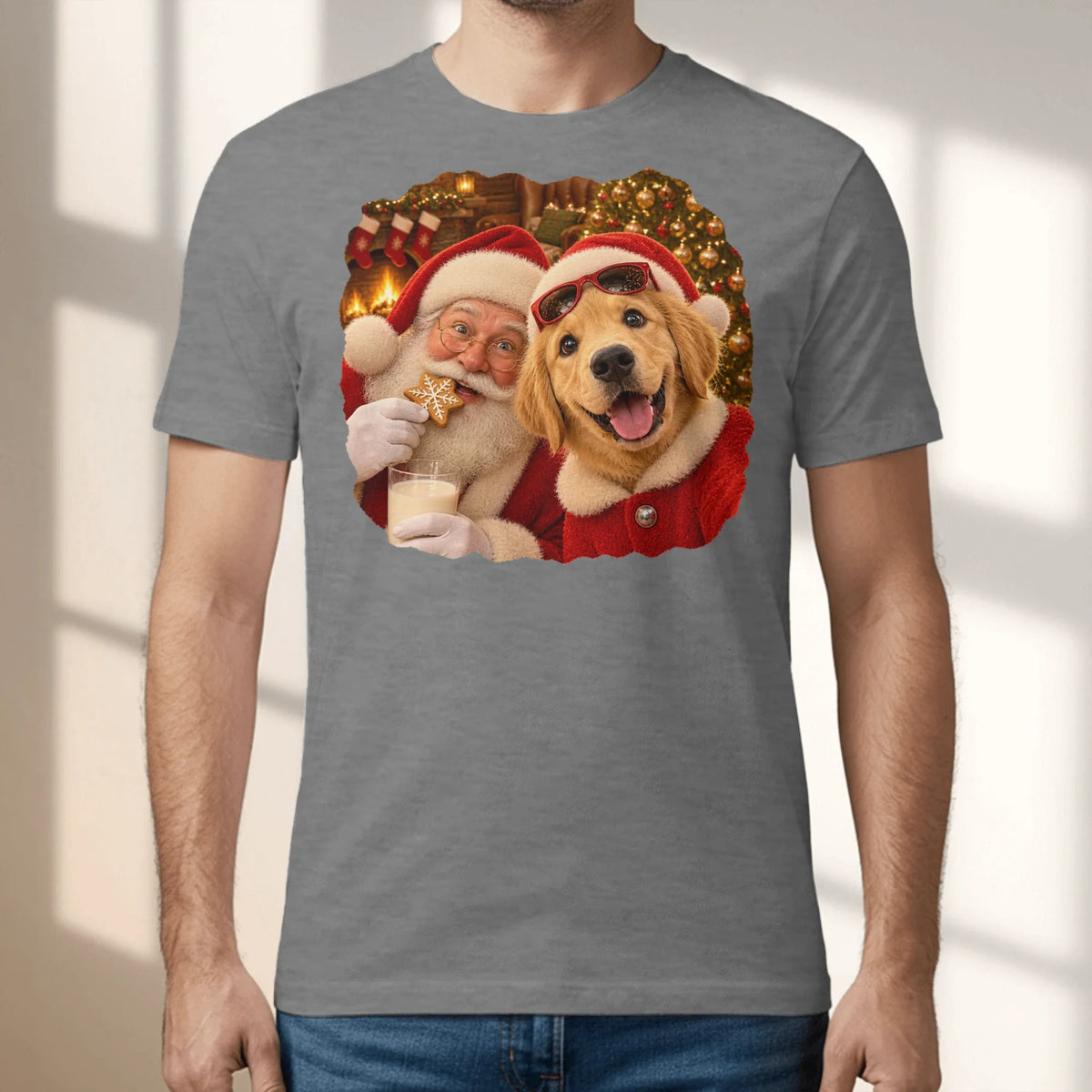Personalized T-Shirt - Photo Christmas Fireplace Selfie With Santa