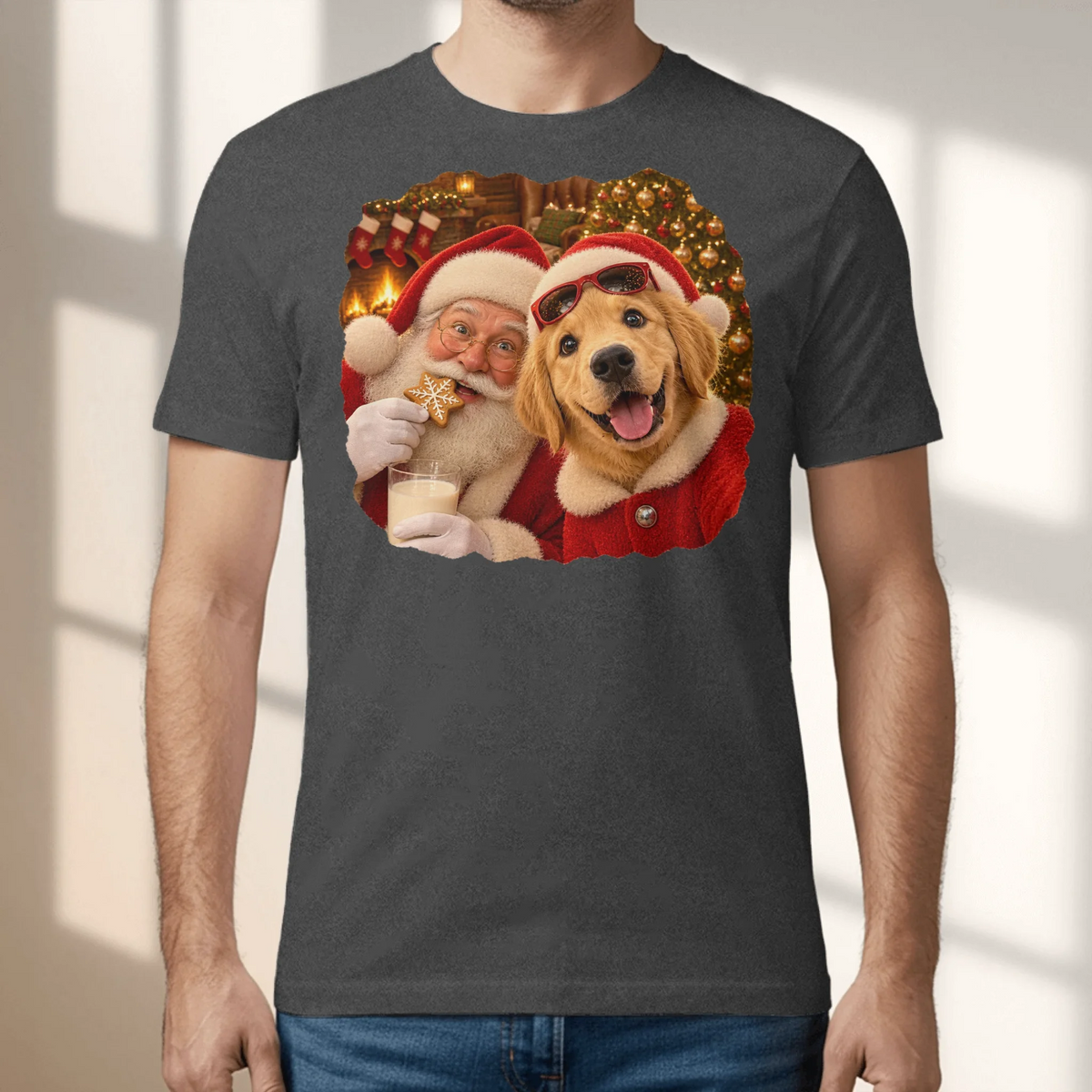 Personalized T-Shirt - Photo Christmas Fireplace Selfie With Santa