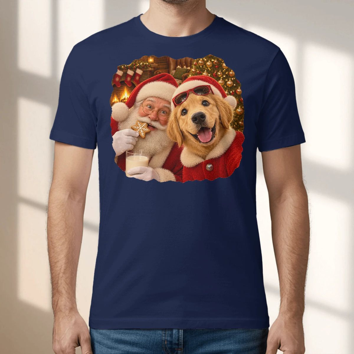 Personalized T-Shirt - Photo Christmas Fireplace Selfie With Santa