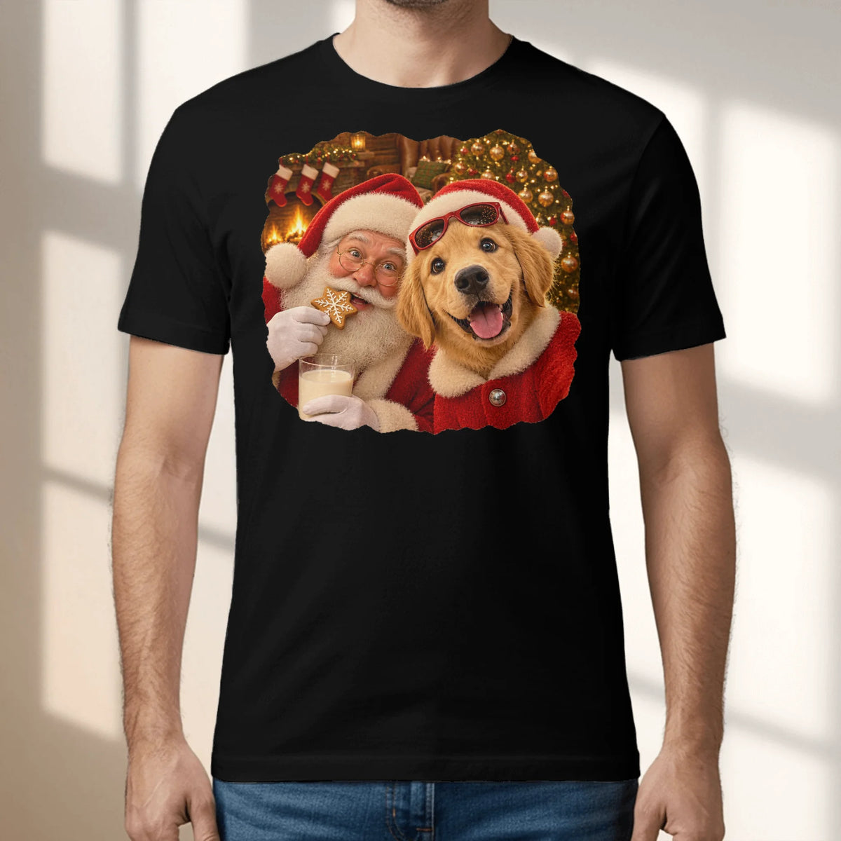 Personalized T-Shirt - Photo Christmas Fireplace Selfie With Santa