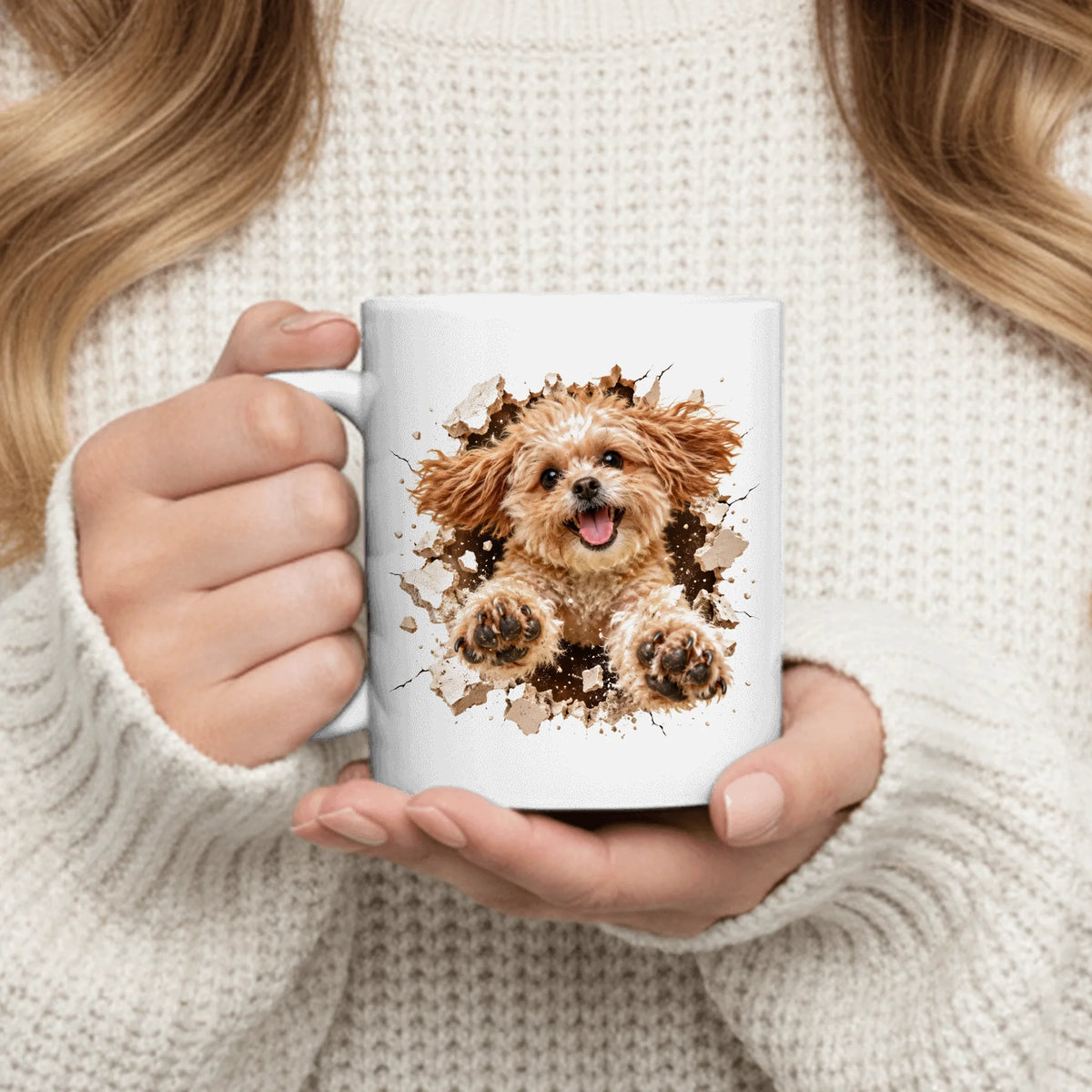Personalized Mug - Photorealistic Pet Leaping Out with Both Paws and Smashed Plaster