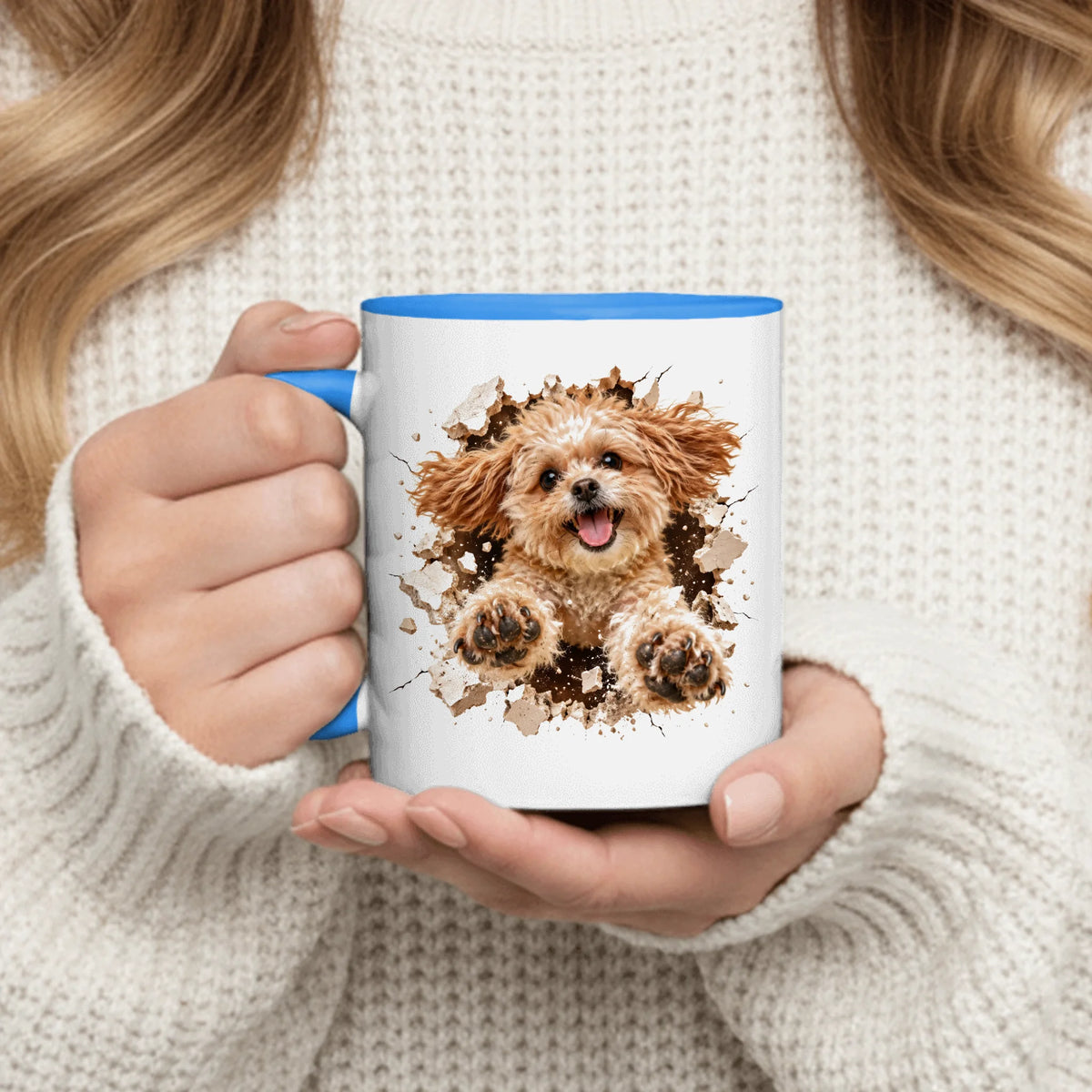 Personalized Mug - Photorealistic Pet Leaping Out with Both Paws and Smashed Plaster