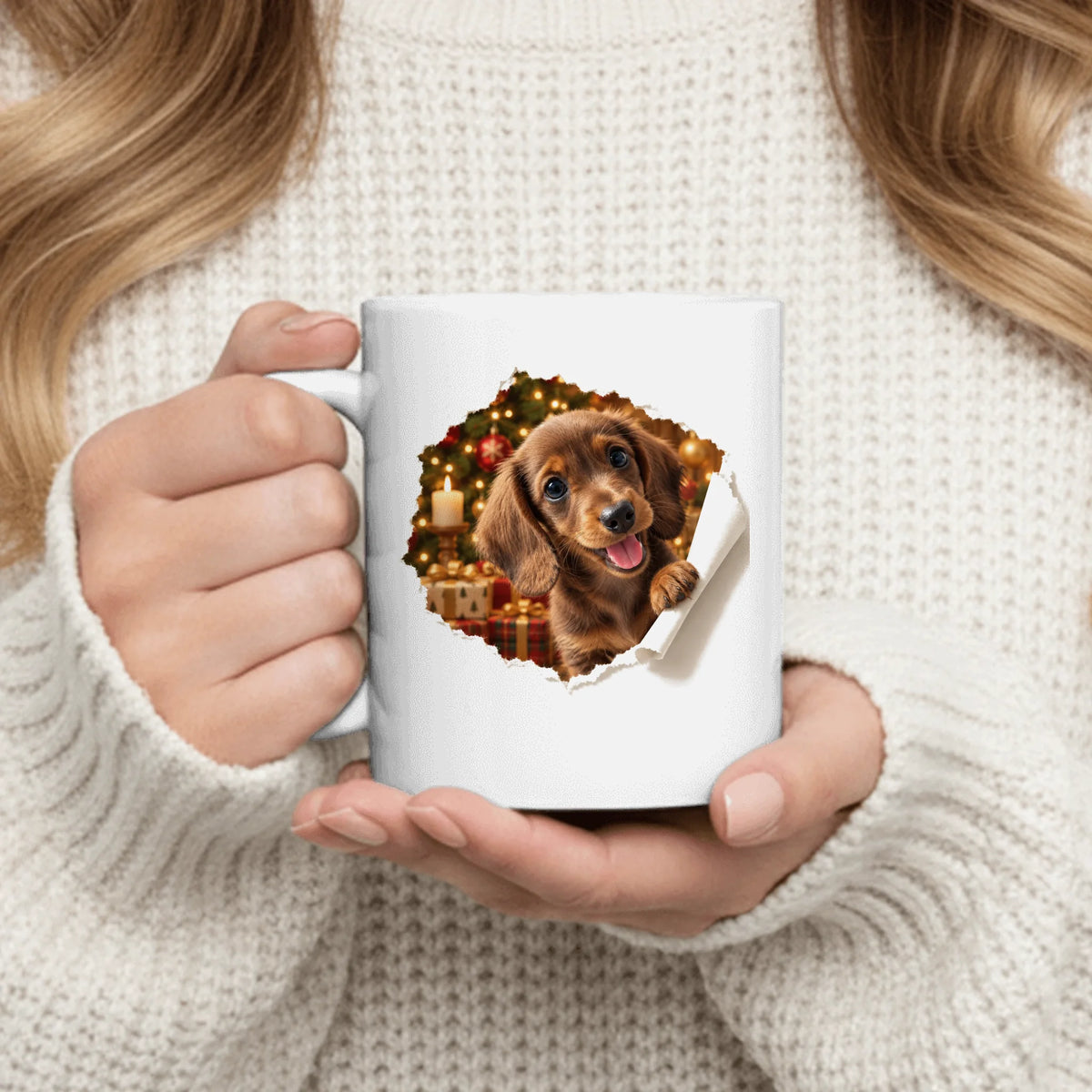 Personalized Mug - Christmas Photorealistic Pet Peeking Through Torn Paper with Tartan Gifts