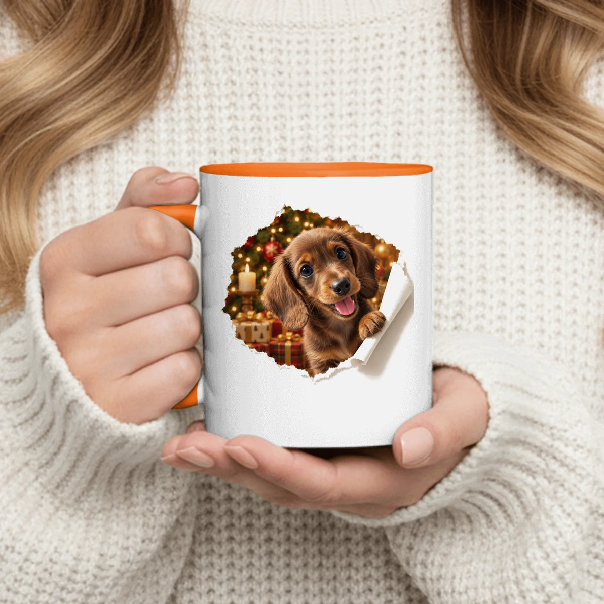 Personalized Mug - Christmas Photorealistic Pet Peeking Through Torn Paper with Tartan Gifts