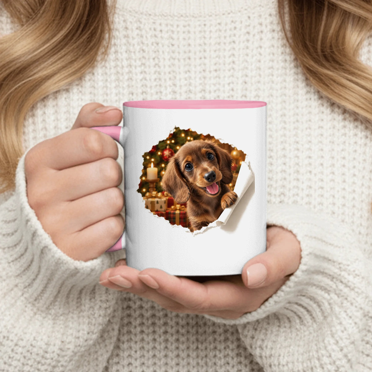 Personalized Mug - Christmas Photorealistic Pet Peeking Through Torn Paper with Tartan Gifts