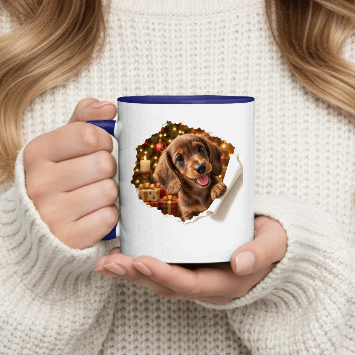 Personalized Mug - Christmas Photorealistic Pet Peeking Through Torn Paper with Tartan Gifts