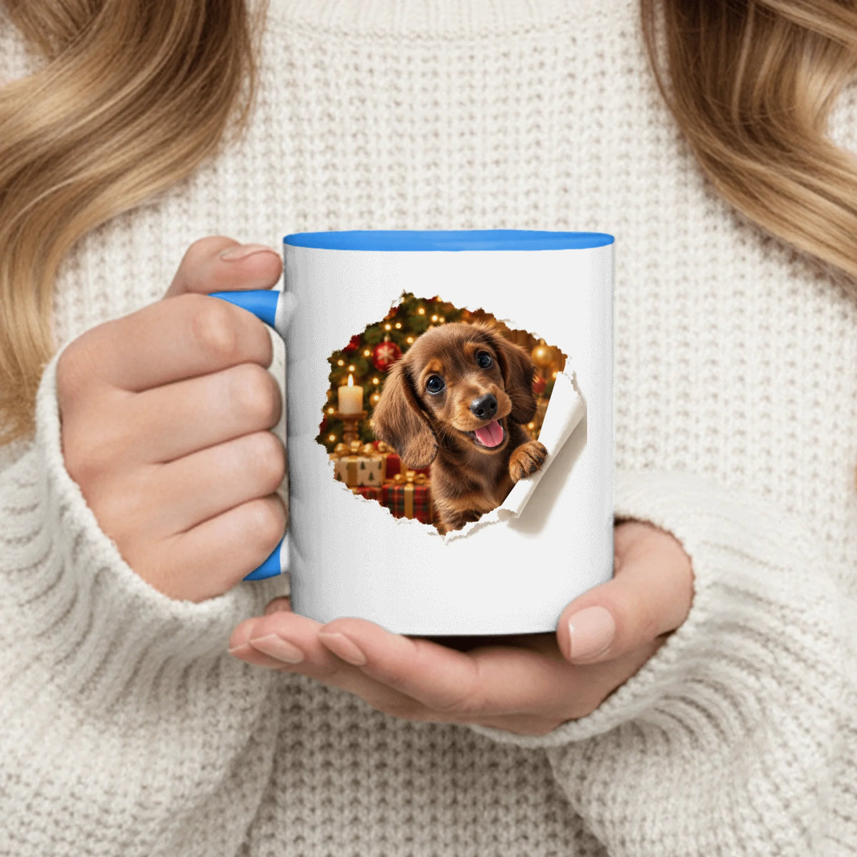 Personalized Mug - Christmas Photorealistic Pet Peeking Through Torn Paper with Tartan Gifts